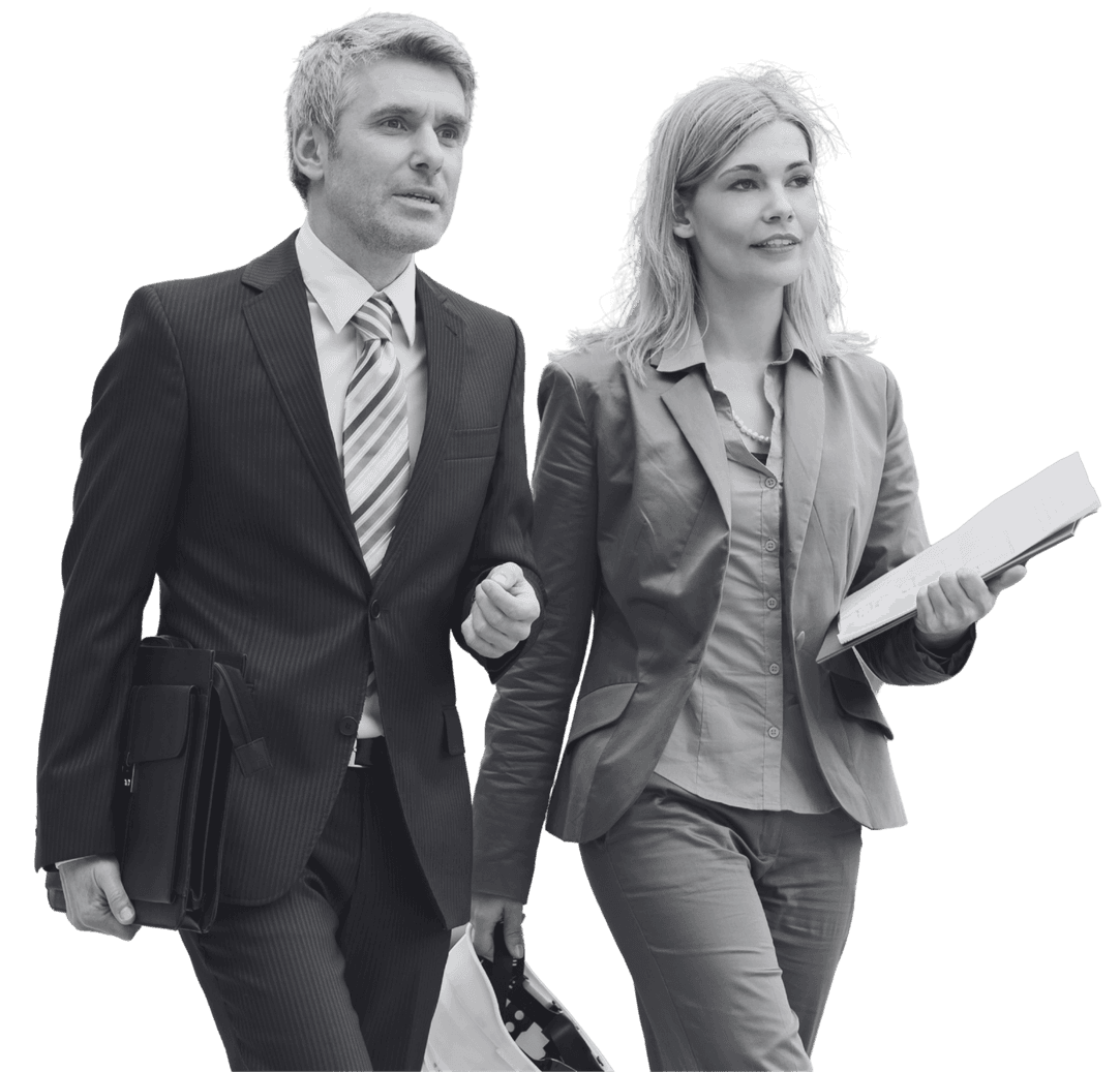 Two senior professionals walking with a briefcase and a folder