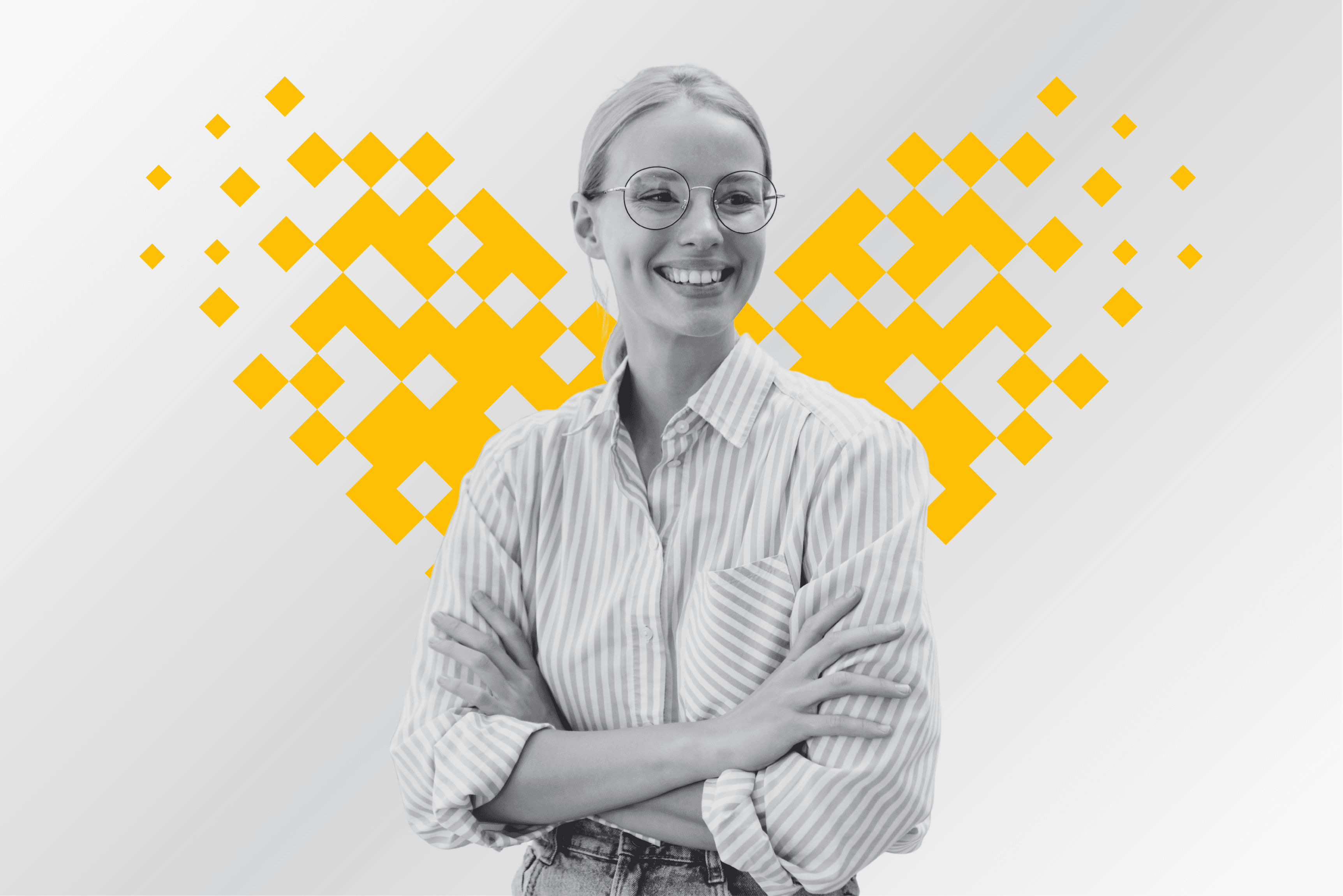 A professional with arms crossed framed by a pixel mosaic heart in yellow