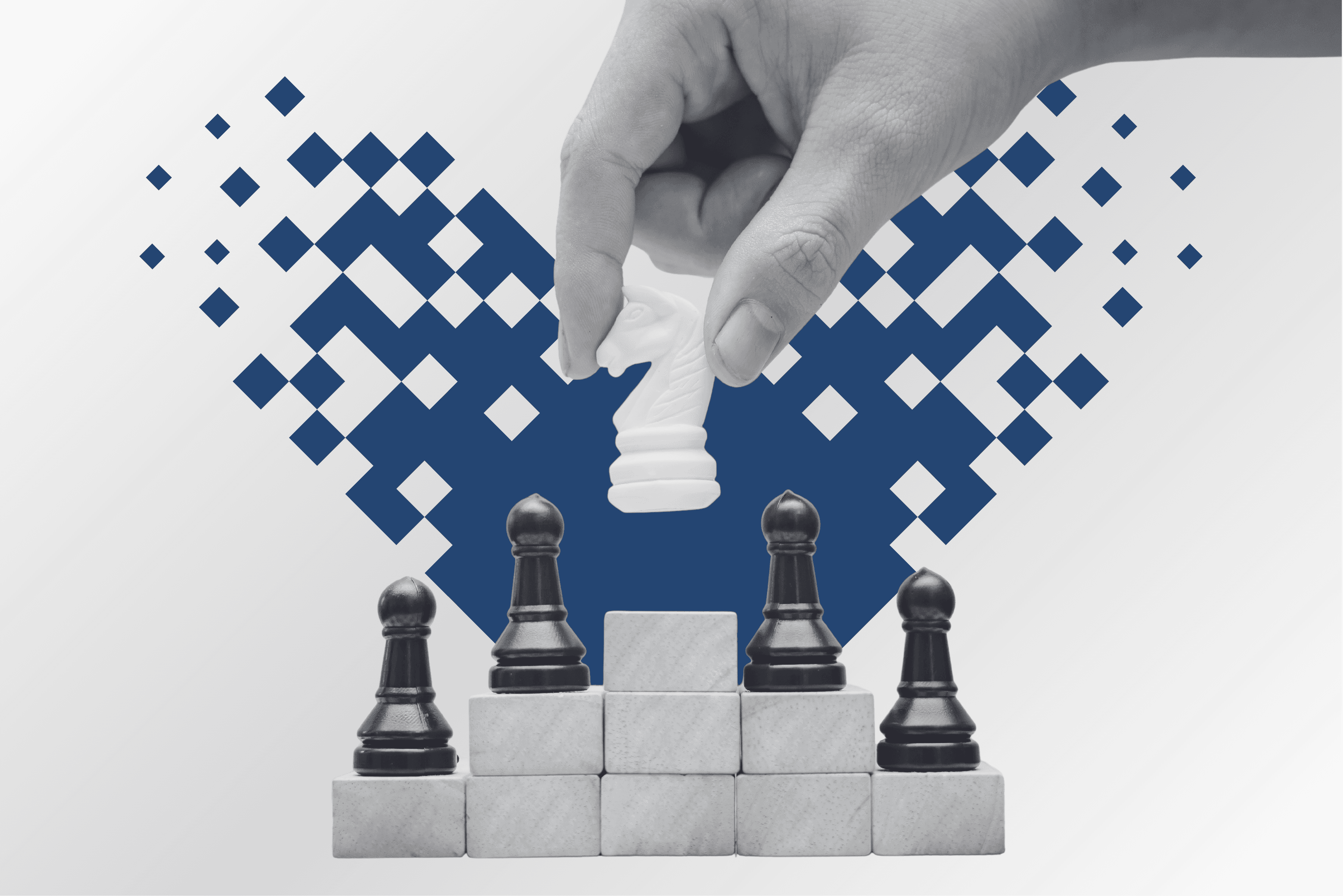 A hand placing a chess king on a podium framed by a pixel mosaic heart in azure