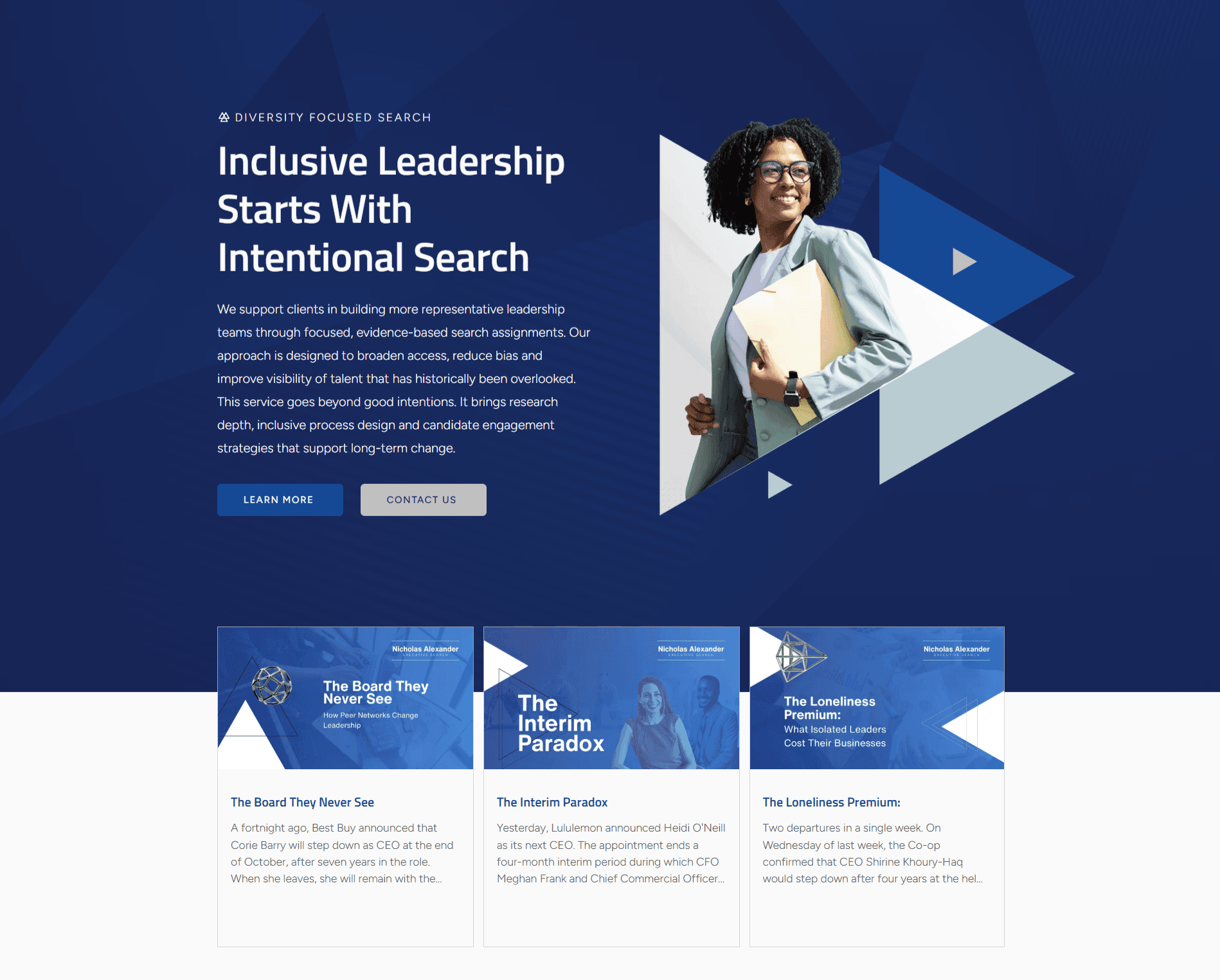 Nicholas Alexander Diversity Focused Search landing page with inclusive leadership messaging