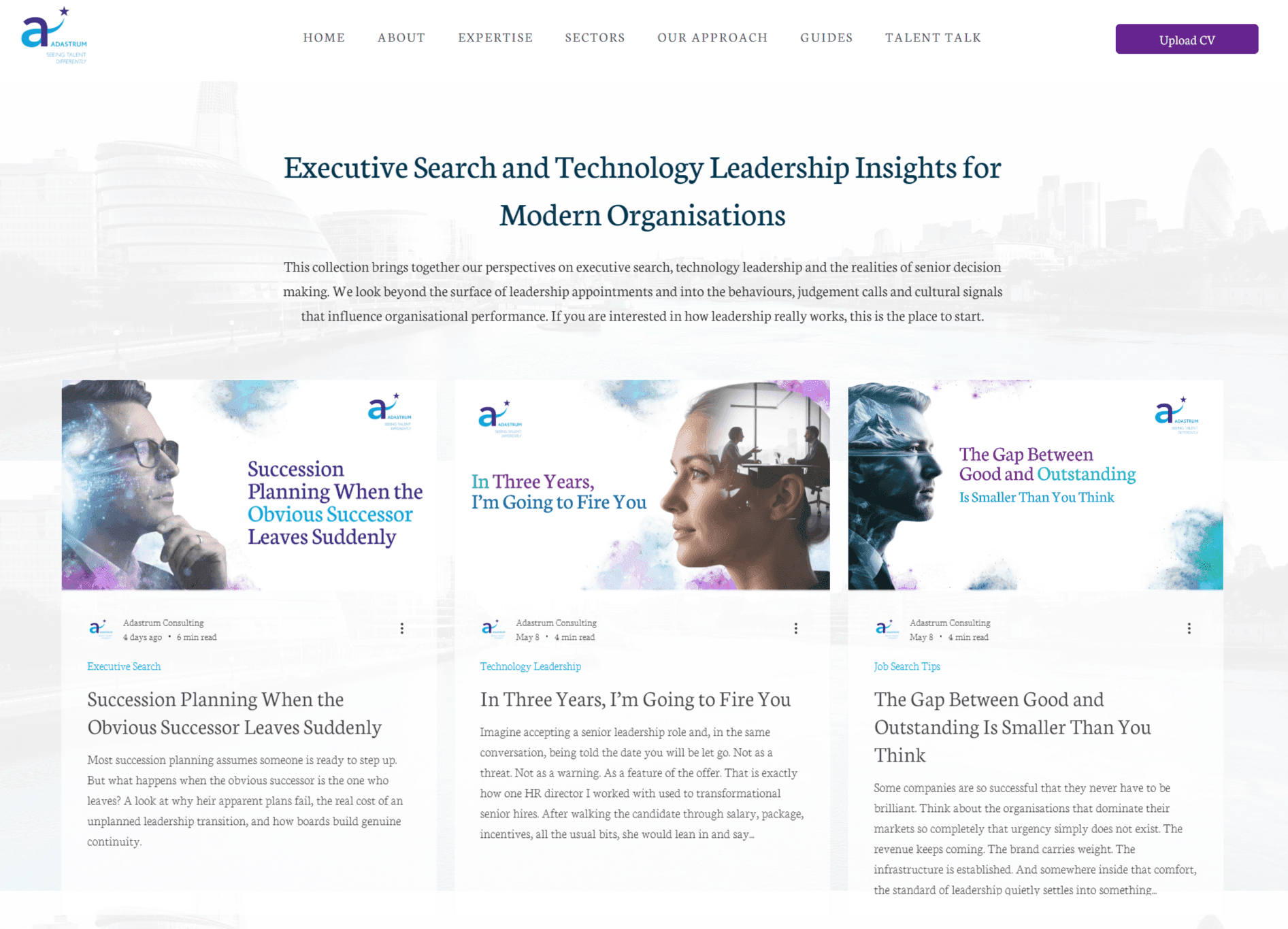 Adastrum Talent Talk insights area featuring long form articles on executive search and leadership