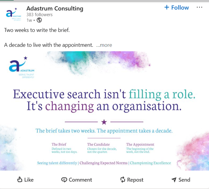 Adastrum LinkedIn post on how executive search changes an organisation