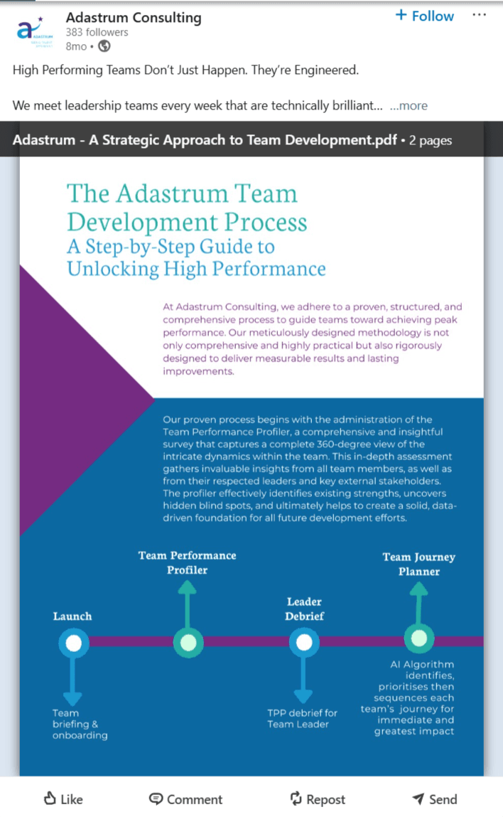 Adastrum LinkedIn post sharing A Strategic Approach to Team Development guide