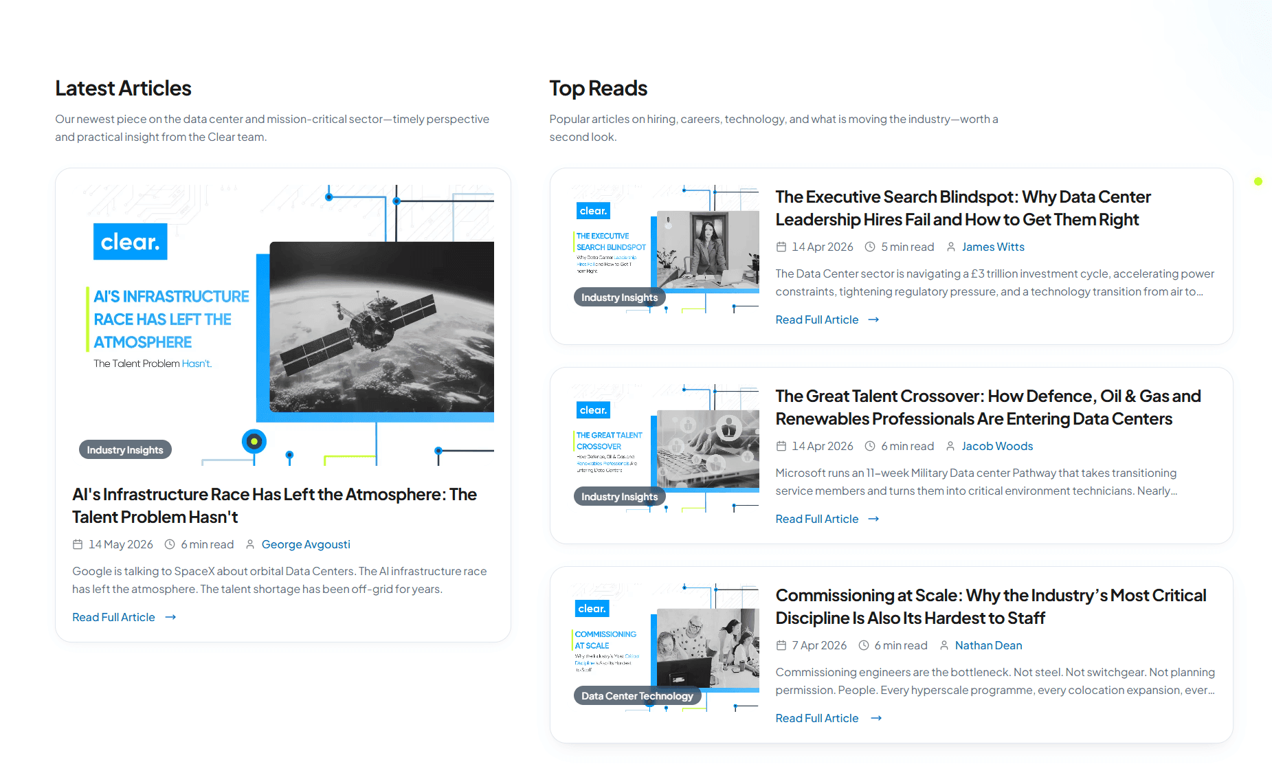 Clear Recruitment editorial feature with the latest article and top reads sidebar