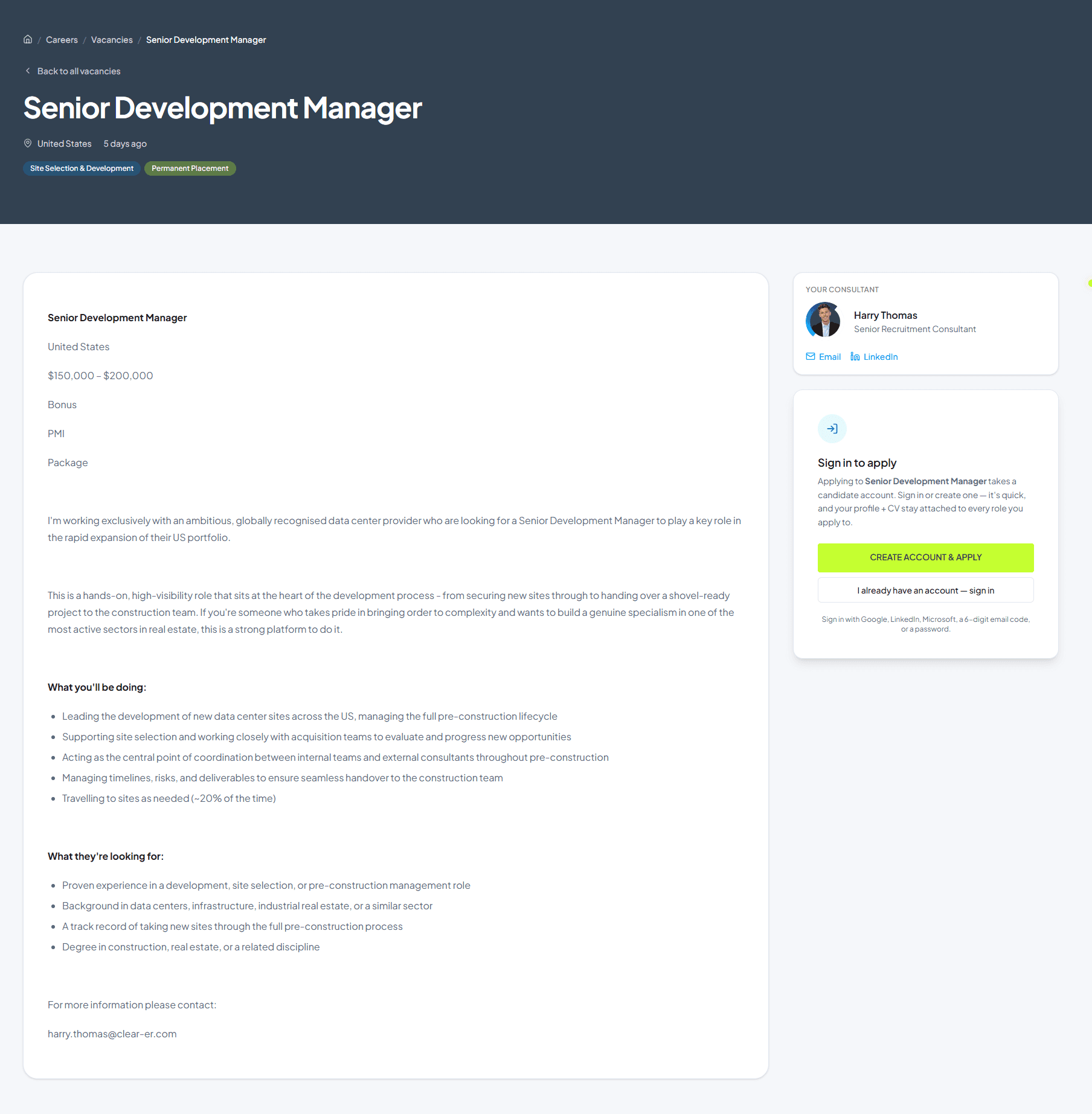 Clear Recruitment single vacancy page with the named consultant sidebar and create account and apply call to action