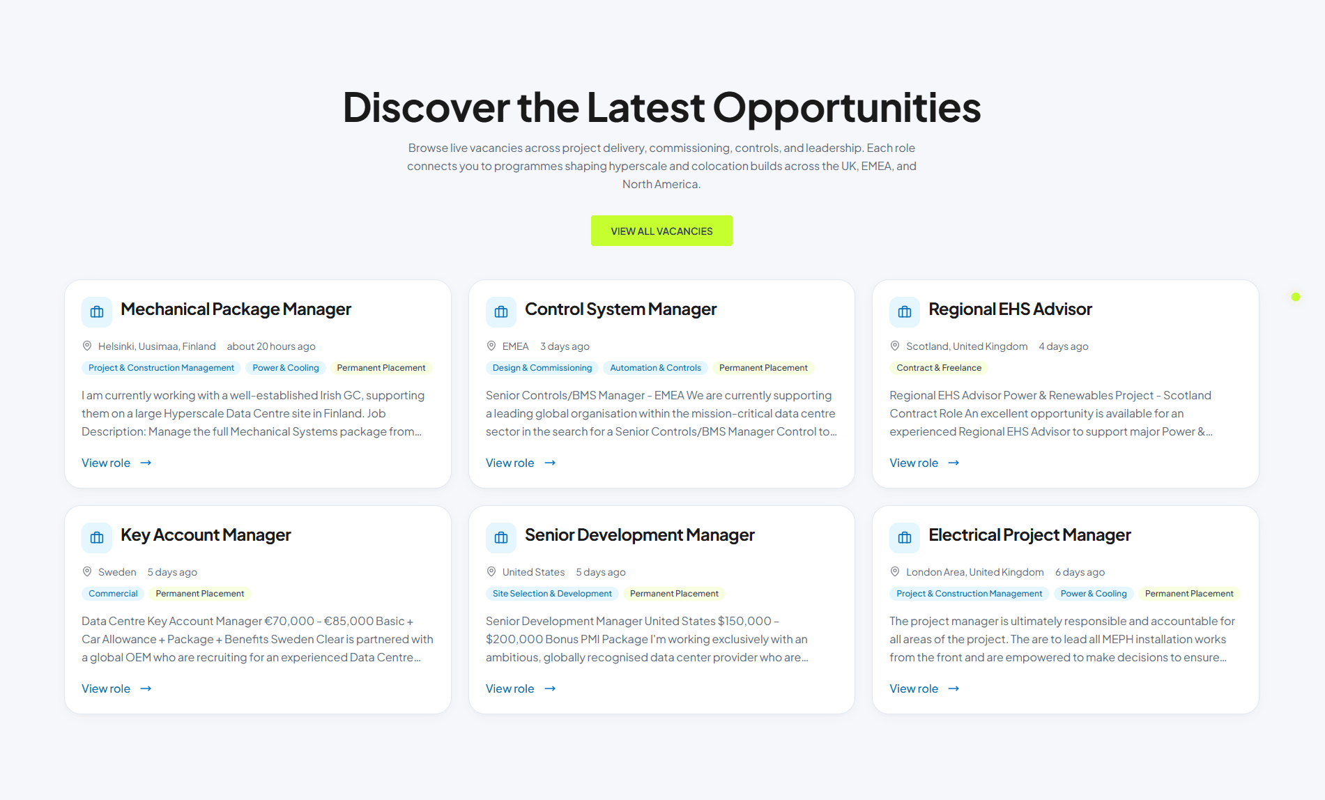 Clear Recruitment live jobs board showing roles across the UK, EMEA and North America with sector filters