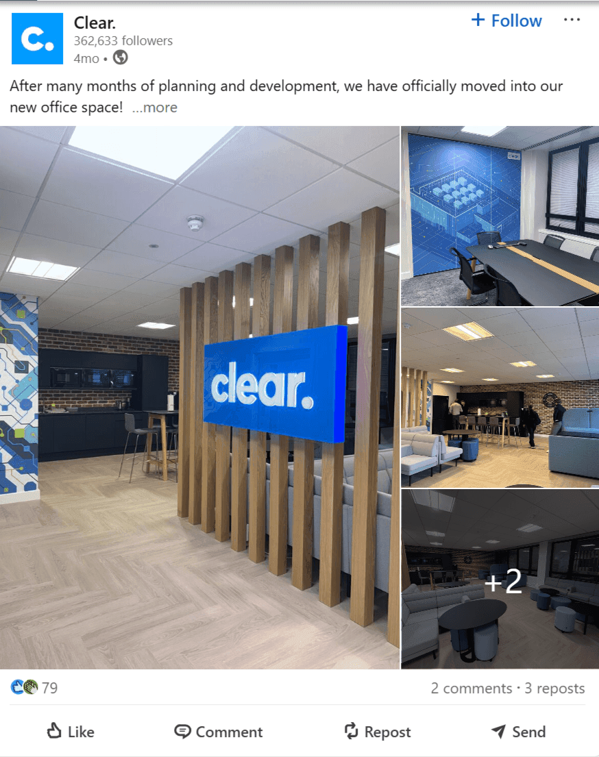 Clear Recruitment LinkedIn post promoting open roles across the US, Dubai and EMEA