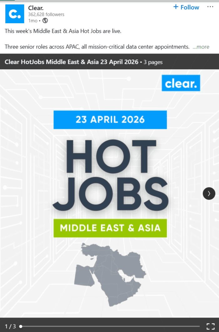 Clear Recruitment LinkedIn Hot Jobs carousel for the Middle East and Asia regions
