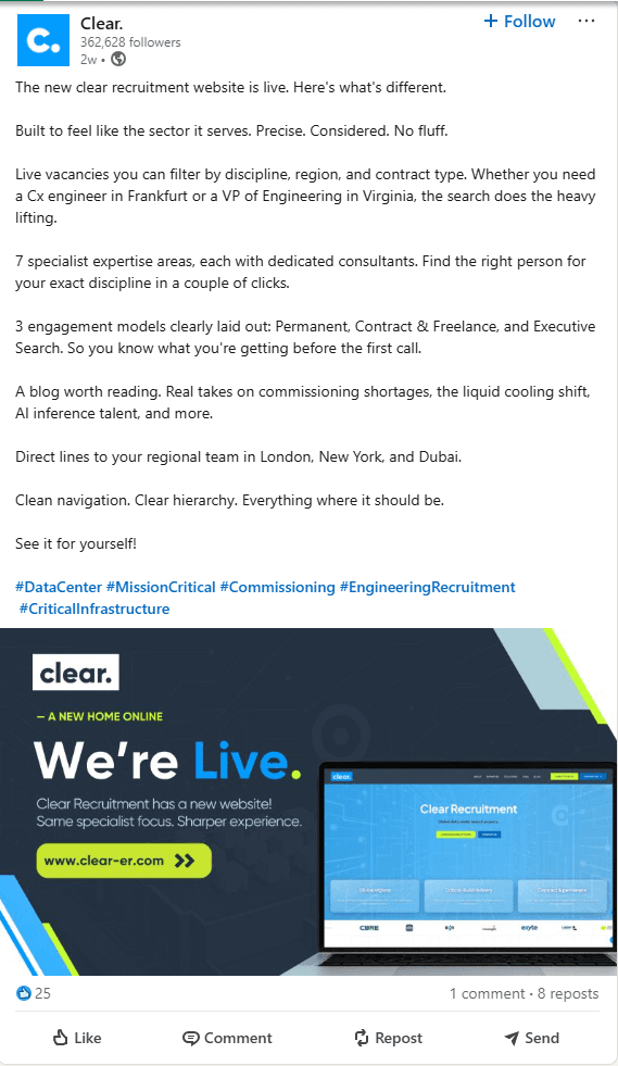 Clear Recruitment LinkedIn post announcing the new website launch