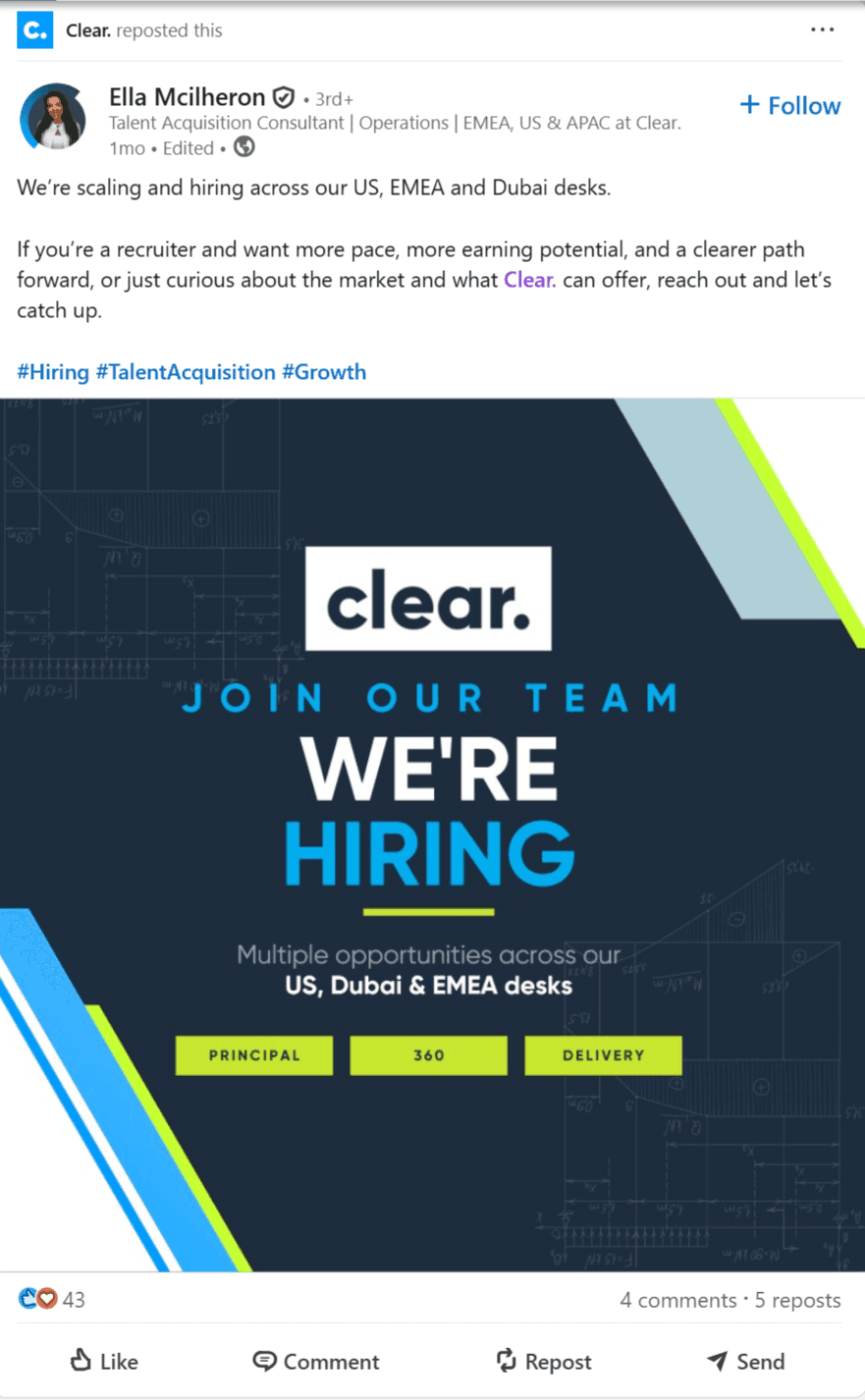 Clear Recruitment LinkedIn post announcing the move into a new office space