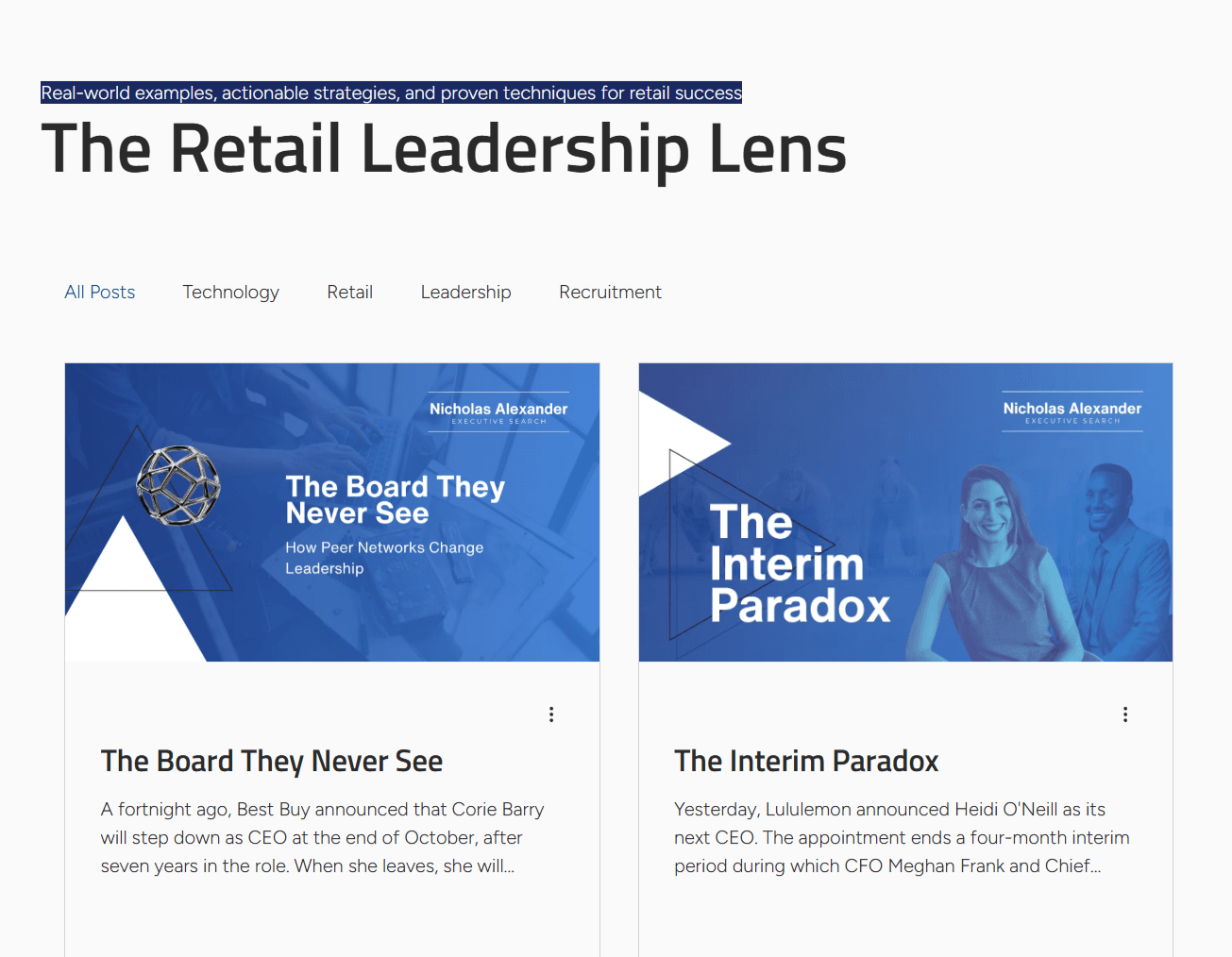 Retail Leadership Lens journal index featuring articles on technology, retail, leadership and recruitment