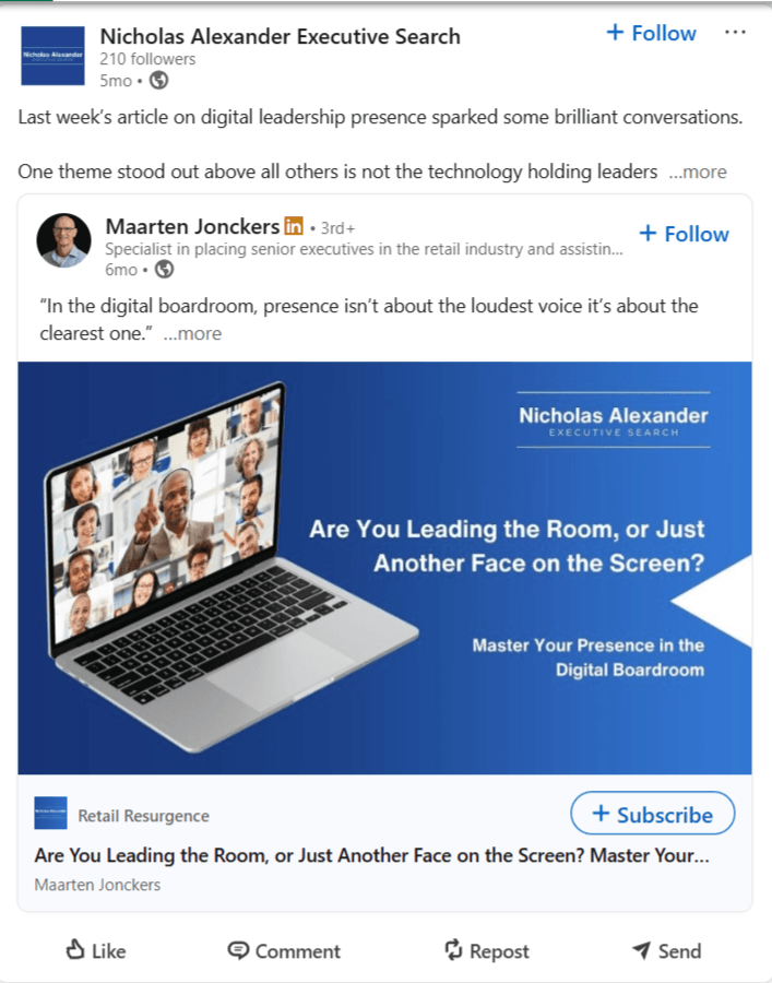Nicholas Alexander LinkedIn newsletter post on digital leadership presence in the boardroom
