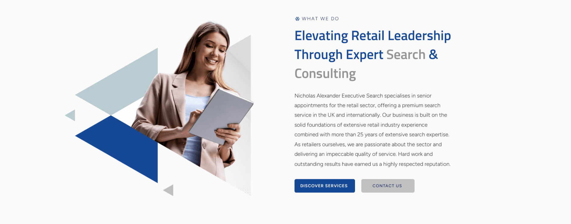 Nicholas Alexander Retail Executive Search section with elevating retail leadership messaging