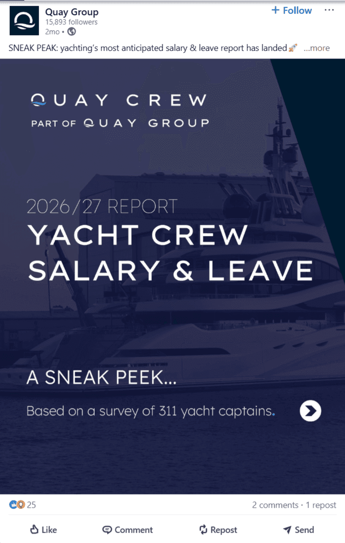 Quay Crew LinkedIn post advertising a Senior Deckhand and Deckhand role on a 75 metre yacht