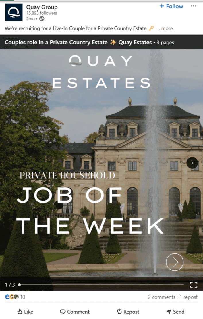 Quay Estates LinkedIn Job of the Week feature for a couples role in a private country estate