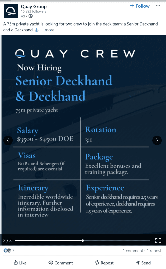 Quay Crew LinkedIn sneak peek of the 2026/27 Yacht Crew Salary and Leave Report
