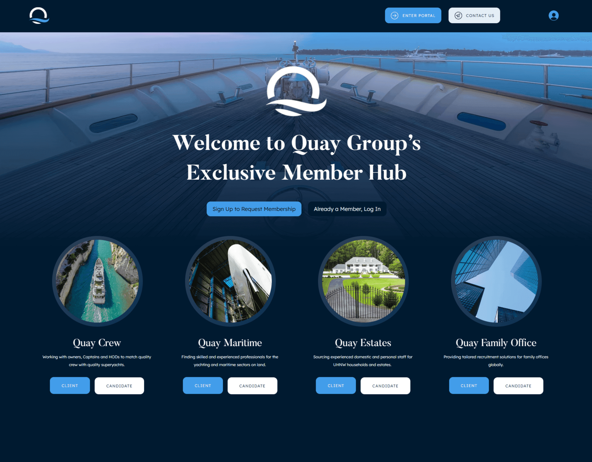 Quay Group exclusive members portal welcoming senior candidates and UHNW clients across the four divisions