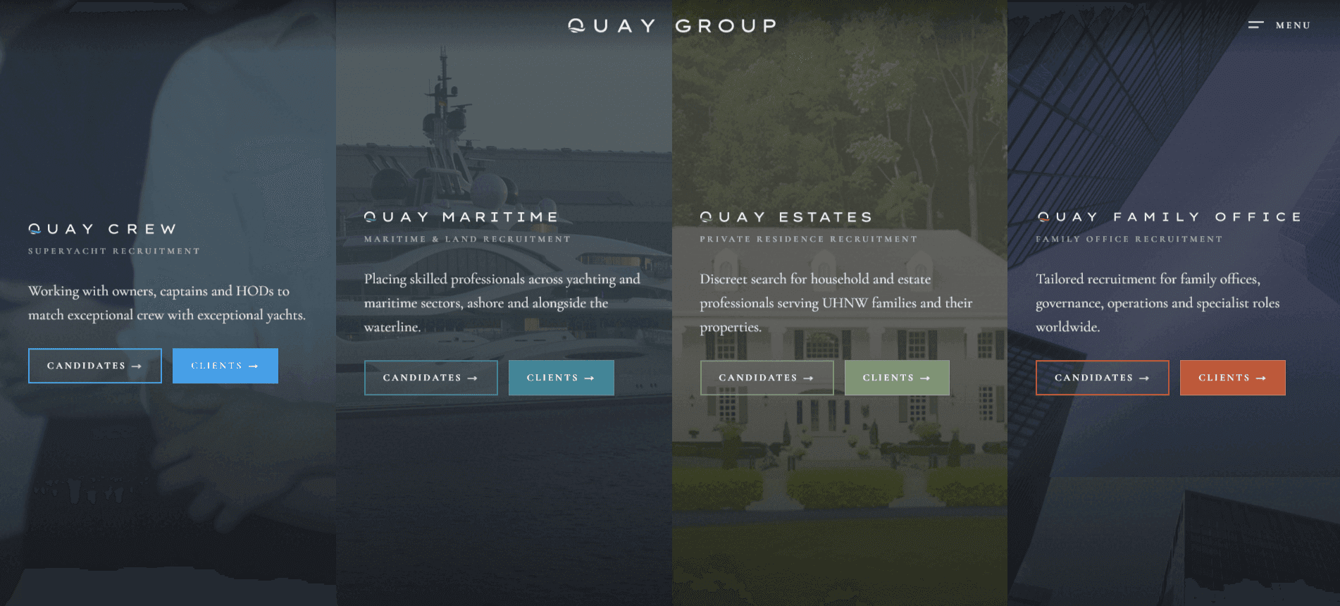 Quay Group redesigned homepage with Crew, Maritime, Estates and Family Office panels