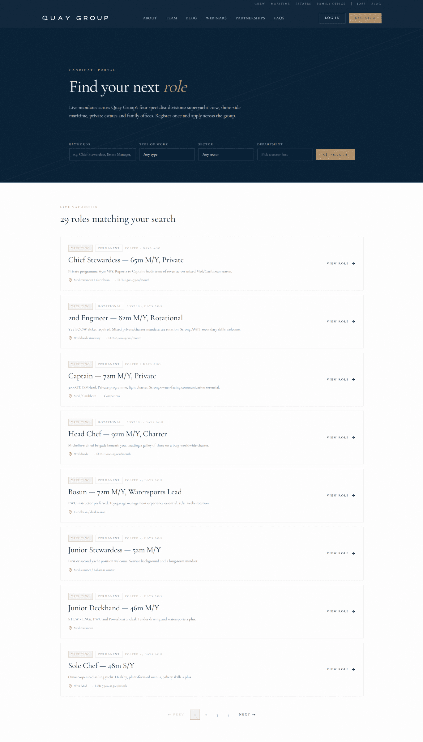 Quay Group redesigned jobs portal with filterable live yacht crew roles