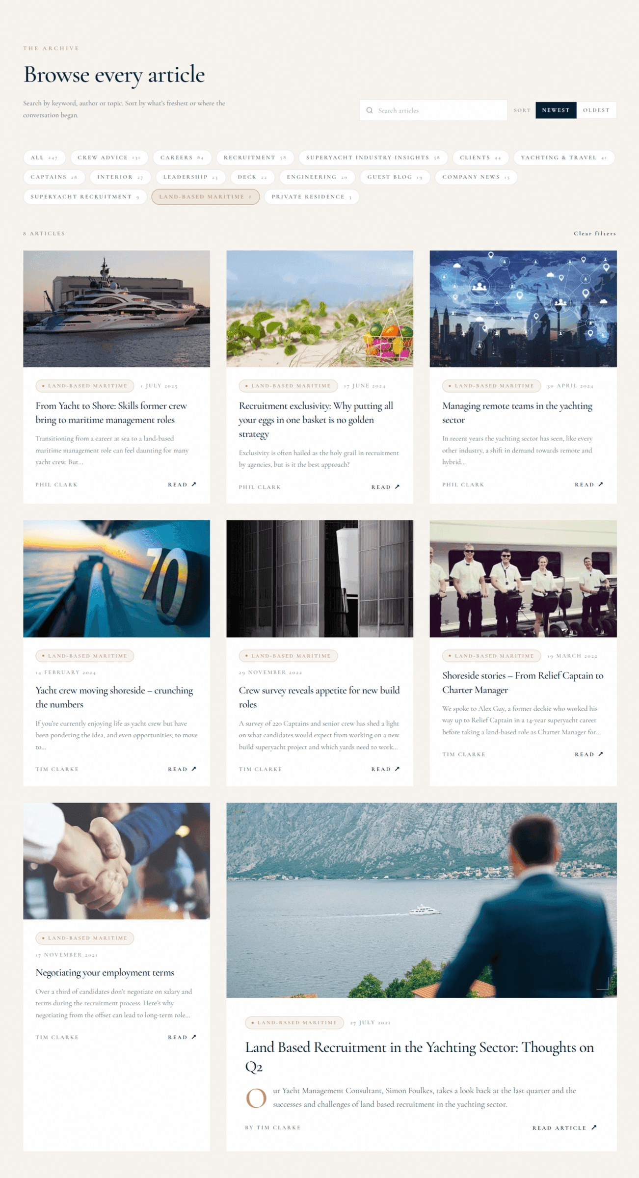 Quay Group Journal index with yacht, maritime and estate articles filtered by category