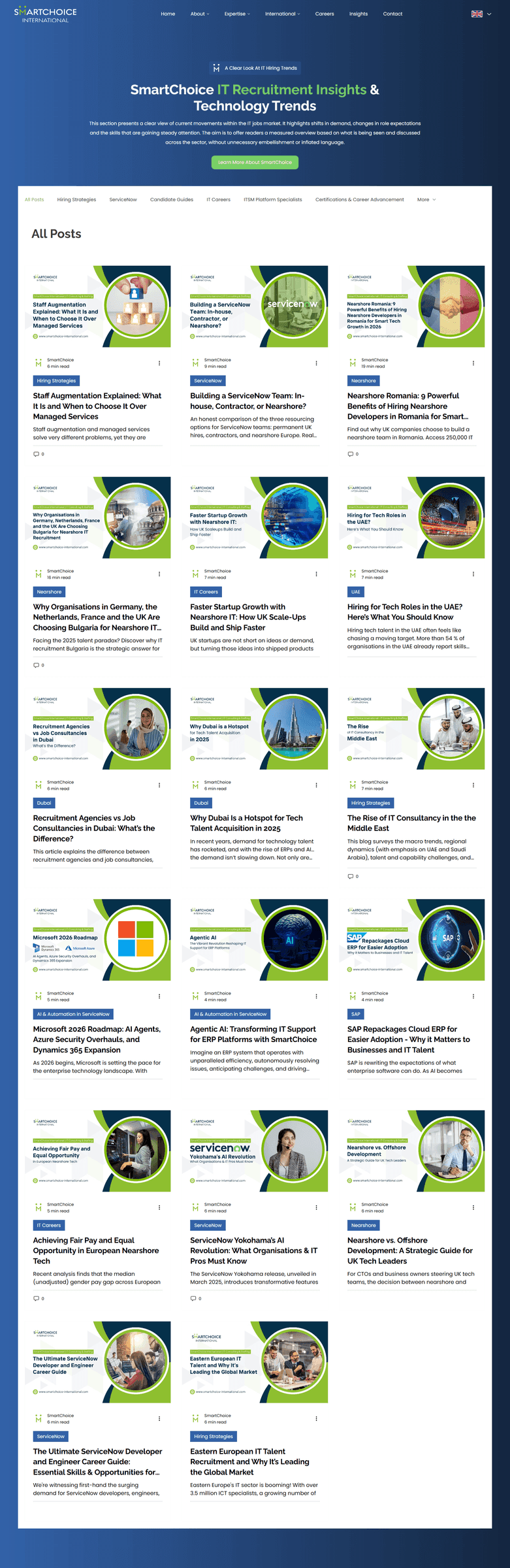 SmartChoice Insights blog index with articles on IT recruitment, enterprise platforms and emerging tech