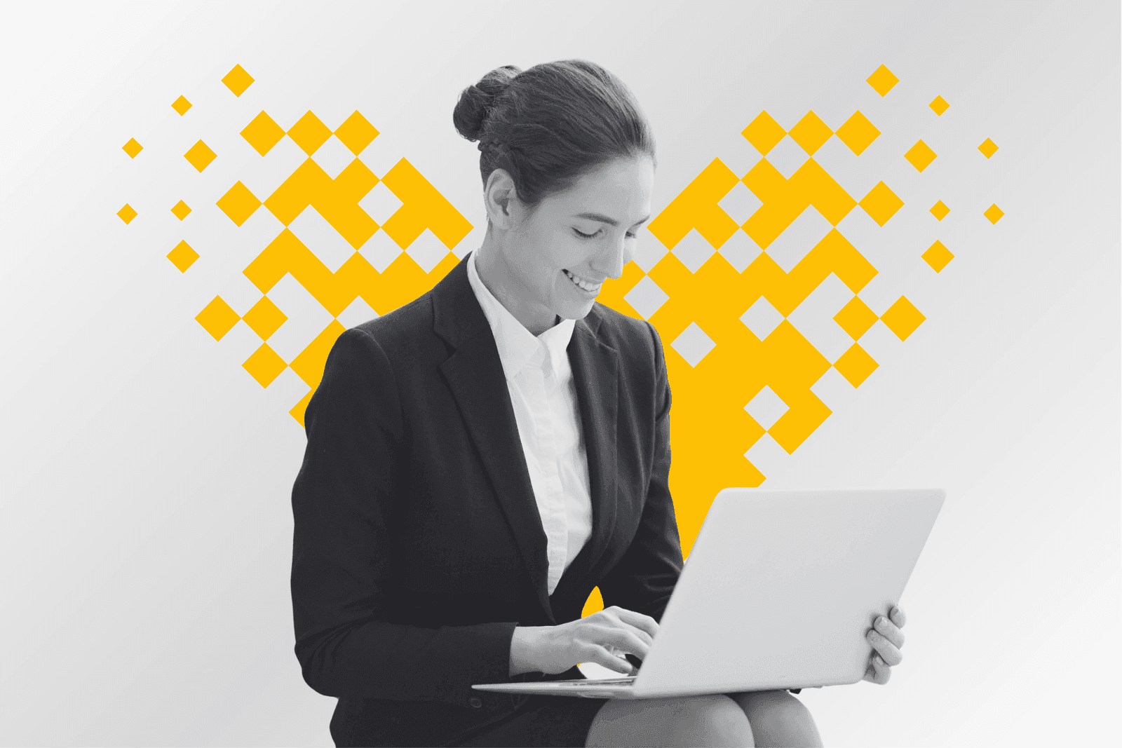 An executive search consultant framed by a pixel mosaic heart in yellow