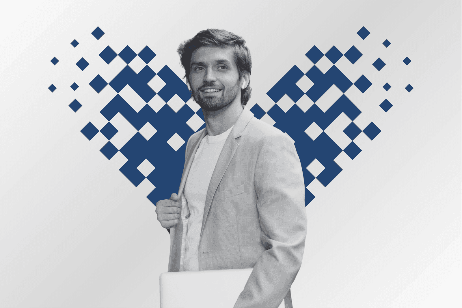 A recruitment consultant framed by a pixel mosaic heart in azure