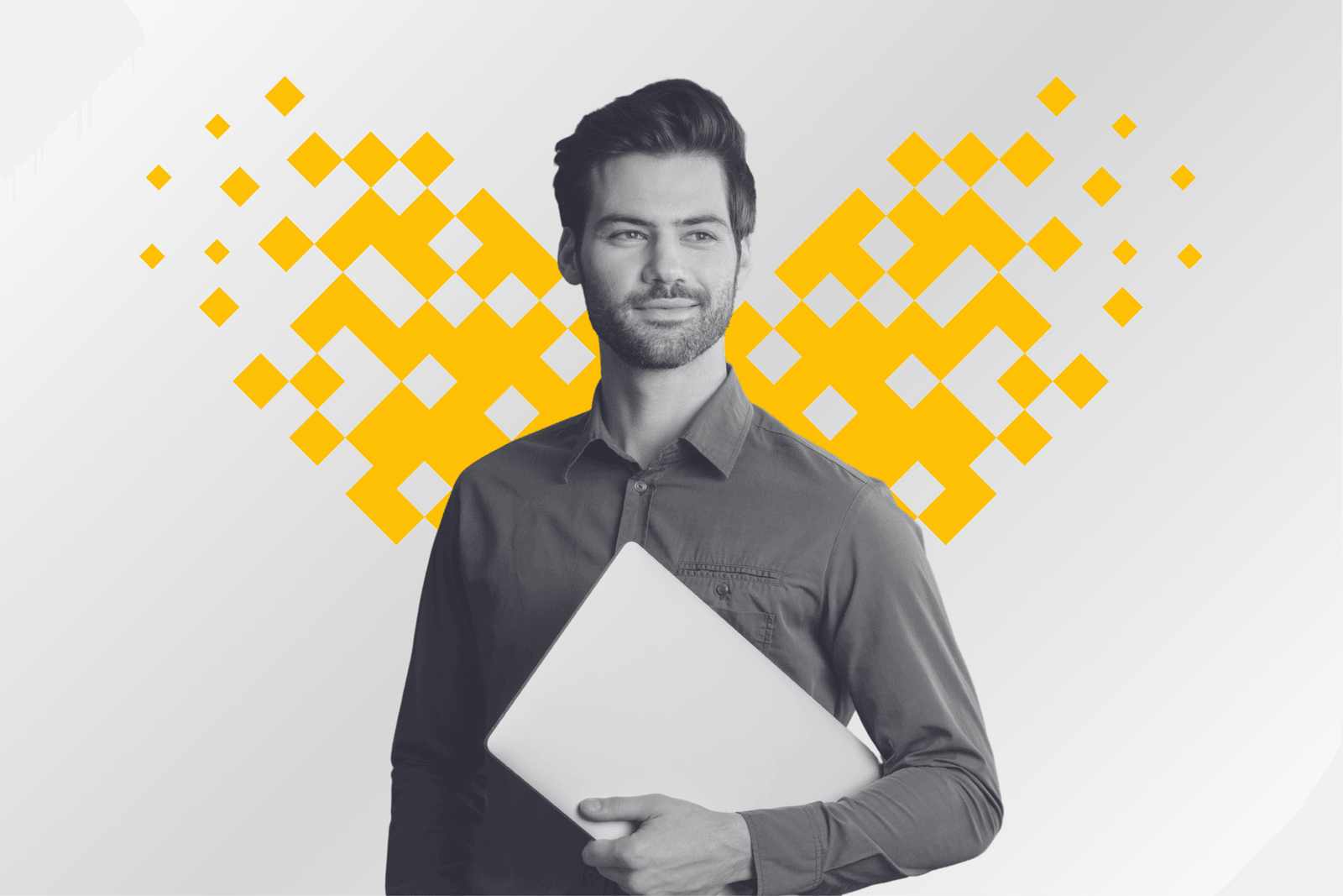 A professional holding a laptop framed by a pixel mosaic heart in yellow
