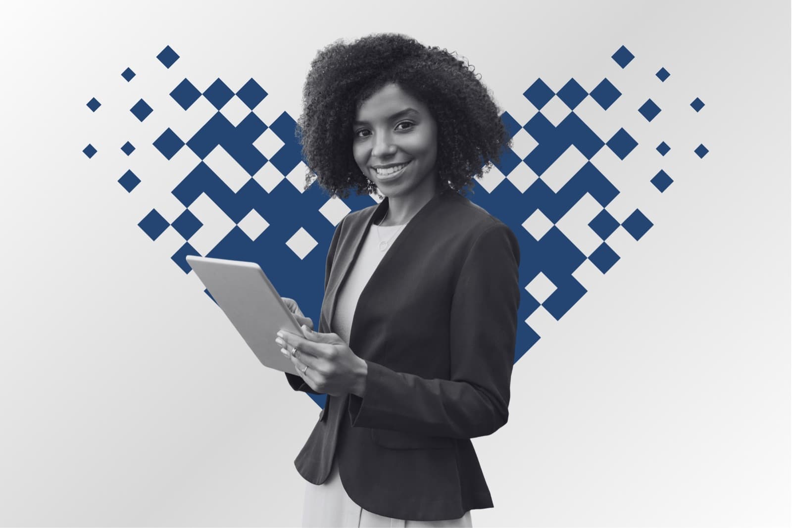 A recruitment consultant holding a tablet framed by a pixel mosaic heart in blue