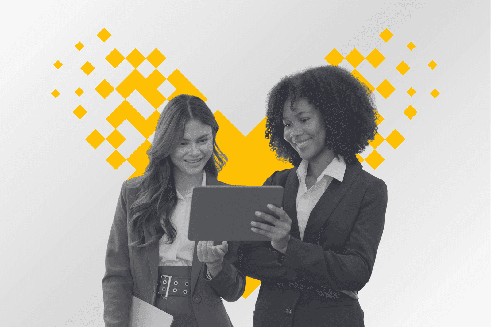 Two professionals reviewing a tablet framed by a pixel mosaic heart in yellow