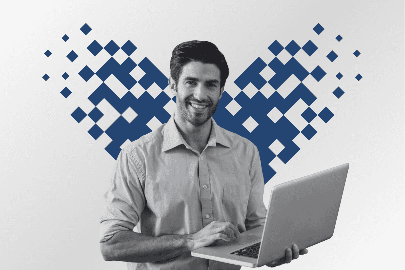 A marketer with a laptop framed by a pixel mosaic heart in azure