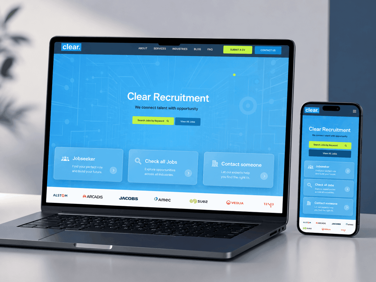 Clear Recruitment custom website shown on a laptop mockup